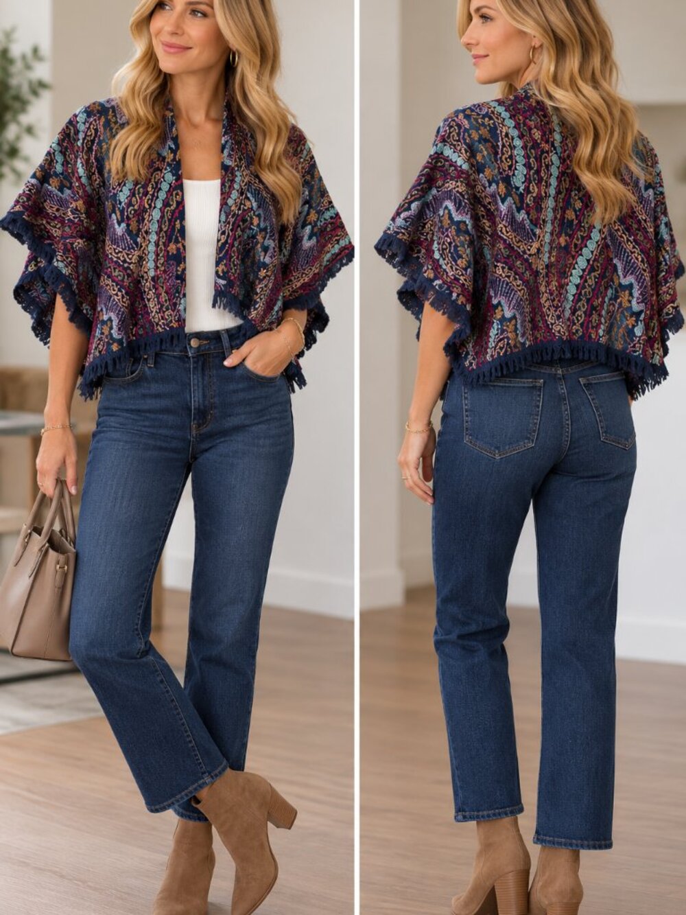 Anu Boho Paisley Wool Fringe Poncho